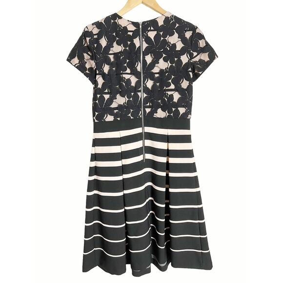Danny and Nicole Black Pink Striped Floral Lace Pleated A-Line Cocktail Dress 6 - Picture 3 of 7